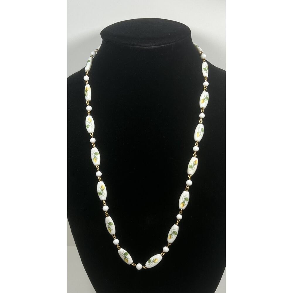 Vintage Gold Tone Yellow Roses On White Ceramic? Beads 24 in Station Necklace